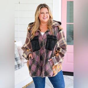NEW Oli & Hali Plaid Long Sleeve Button Down Hooded Shacket Brown Black Combo Lg
